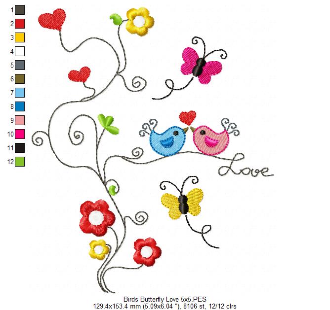 Birds, Butterfly Love - Fill Stitch - Machine Embroidery Design