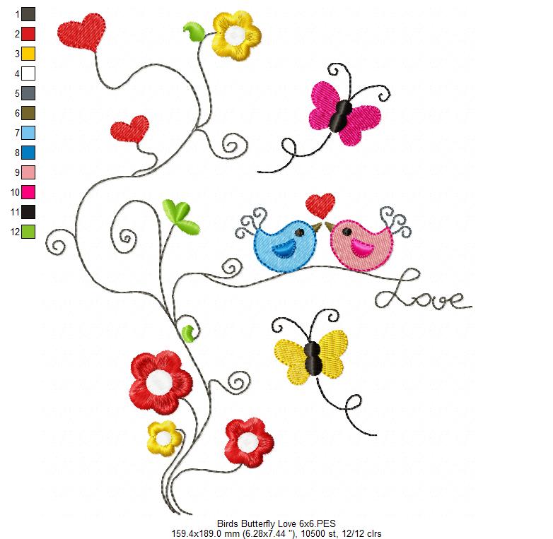 Birds, Butterfly Love - Fill Stitch - Machine Embroidery Design