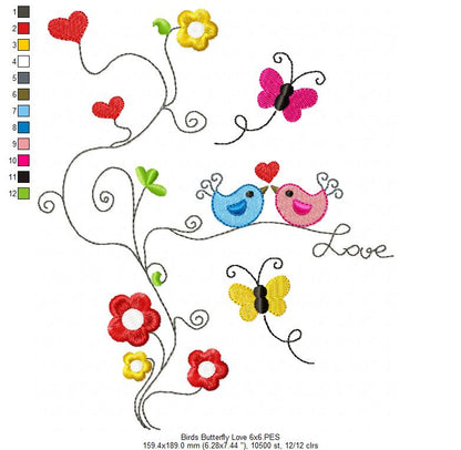 Birds, Butterfly Love - Fill Stitch - Machine Embroidery Design