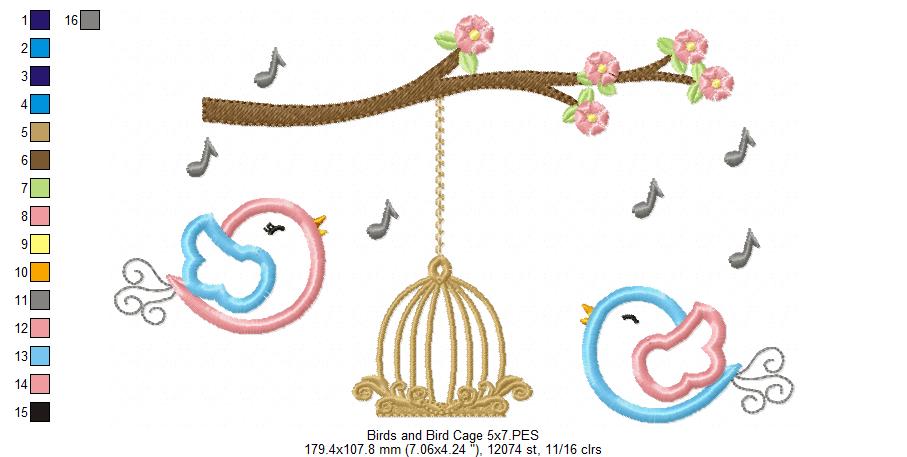 Birds and Bird Cage – Appliqué – Machine Embroidery Design