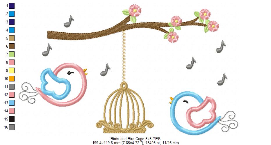 Birds and Bird Cage – Appliqué – Machine Embroidery Design