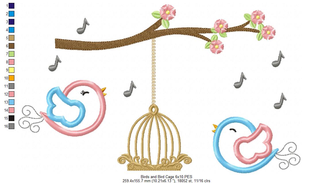 Birds and Bird Cage – Appliqué – Machine Embroidery Design