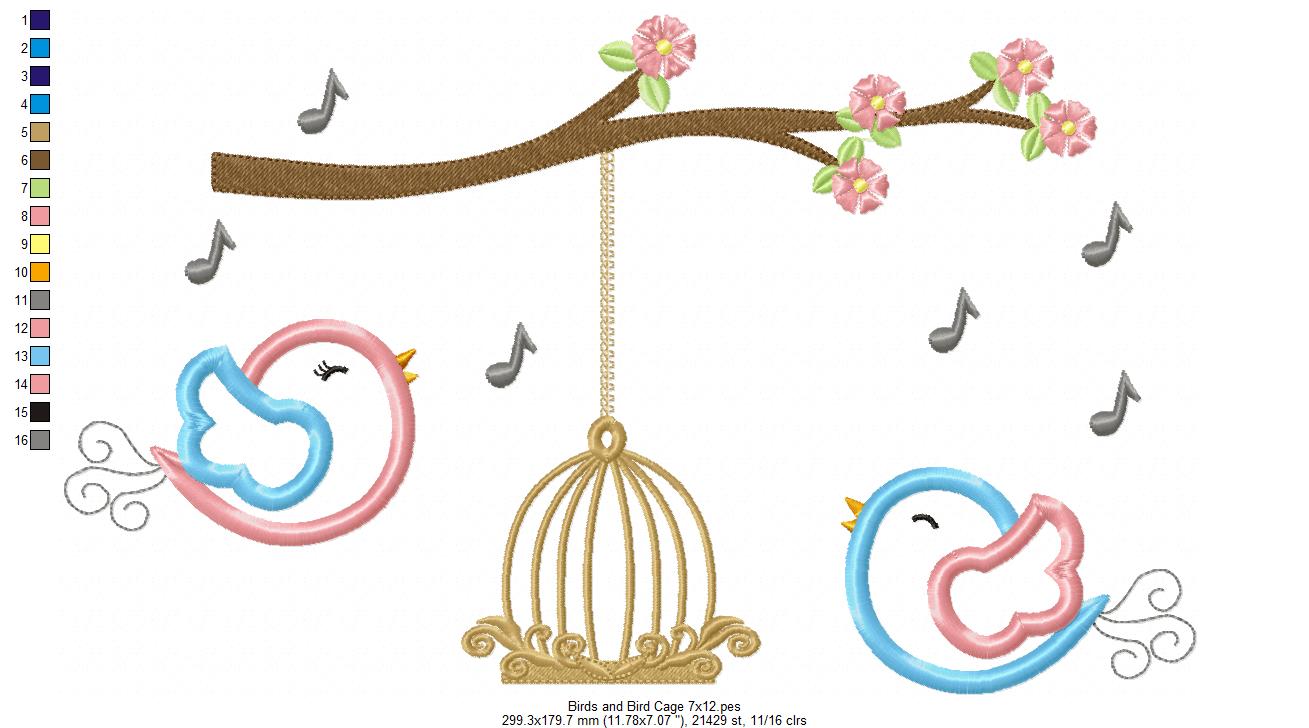 Birds and Bird Cage – Appliqué – Machine Embroidery Design