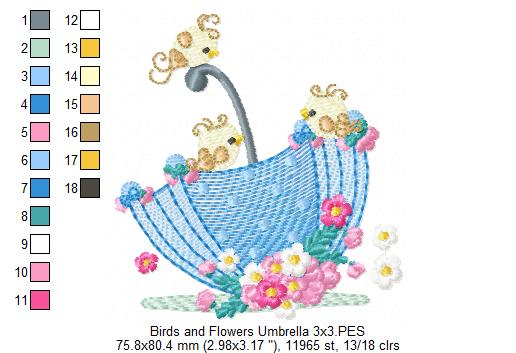 Birds and Flower Umbrella - Fill Stitch - Machine Embroidery Design