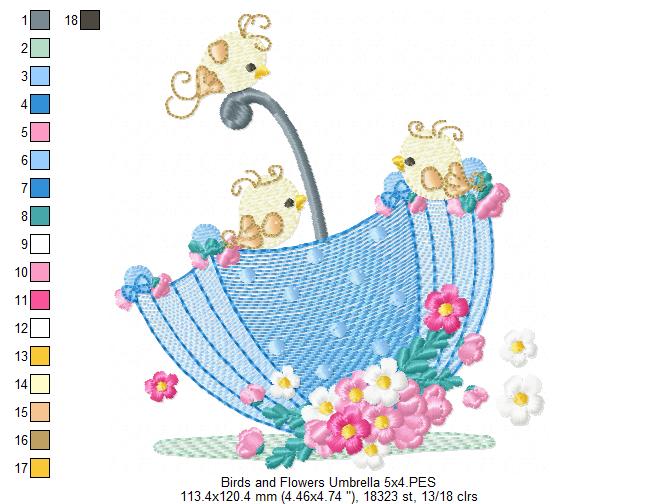 Birds and Flower Umbrella - Fill Stitch - Machine Embroidery Design