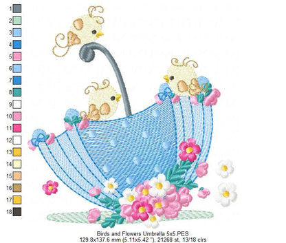 Birds and Flower Umbrella - Fill Stitch - Machine Embroidery Design