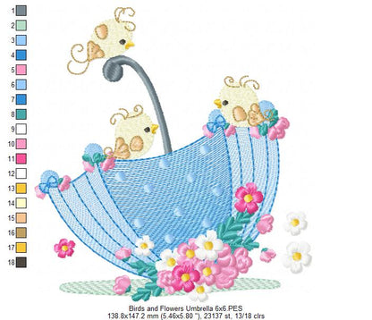 Birds and Flower Umbrella - Fill Stitch - Machine Embroidery Design
