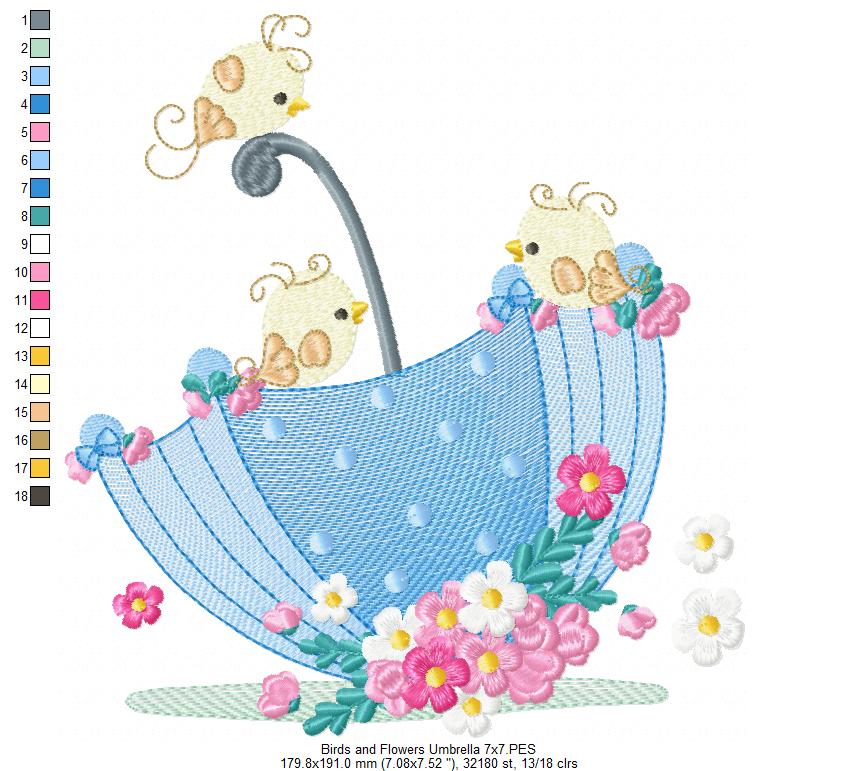 Birds and Flower Umbrella - Fill Stitch - Machine Embroidery Design