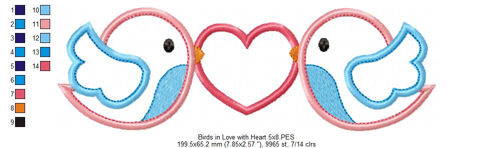 Birds in Love with Heart – Appliqué – Machine Embroidery Design