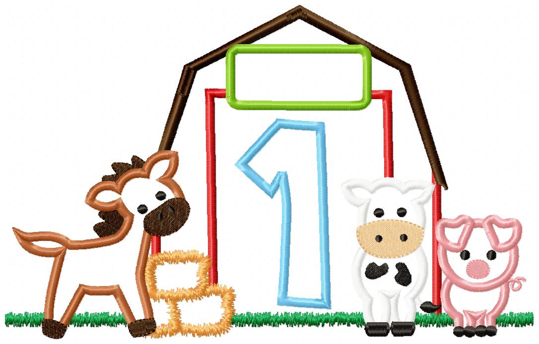 Barn 1st Birthday Farm Animals Number 1 One  - Applique
