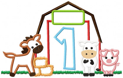 Barn 1st Birthday Farm Animals Number 1 One  - Applique