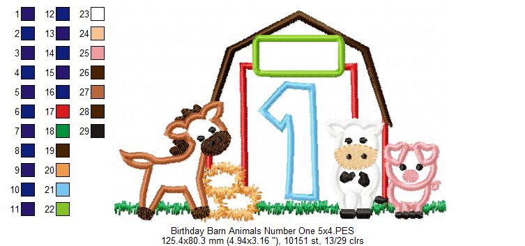 Barn 1st Birthday Farm Animals Number 1 One  - Applique