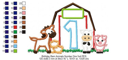 Barn 1st Birthday Farm Animals Number 1 One  - Applique
