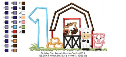 Barn 1st Birthday Farm Animals Number 1 One  - Applique - Machine Embroidery Design