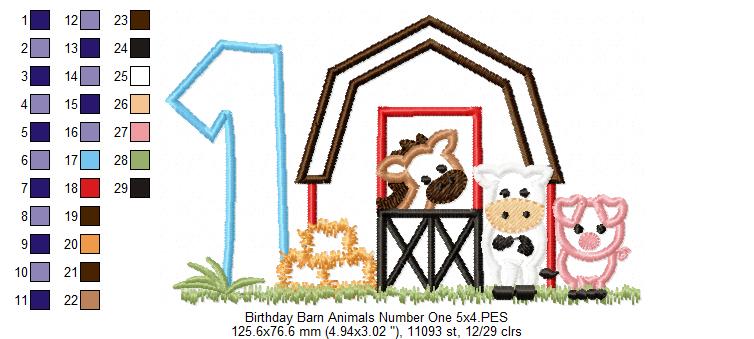 Barn 1st Birthday Farm Animals Number 1 One  - Applique - Machine Embroidery Design