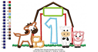 Barn 1st Birthday Farm Animals Number 1 One  - Applique