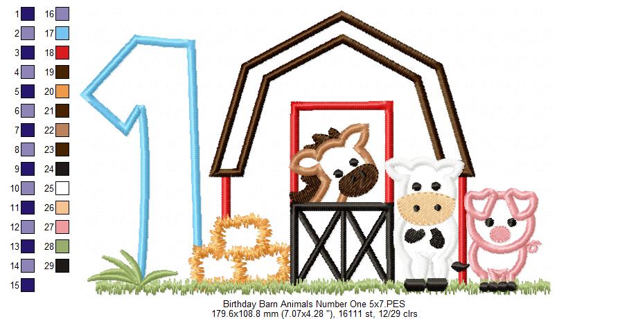 Barn 1st Birthday Farm Animals Number 1 One  - Applique - Machine Embroidery Design