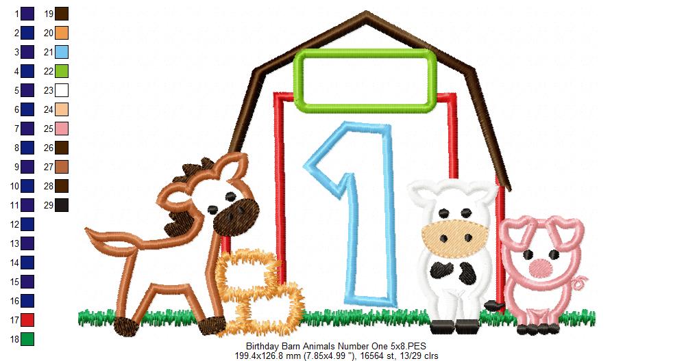 Barn 1st Birthday Farm Animals Number 1 One  - Applique