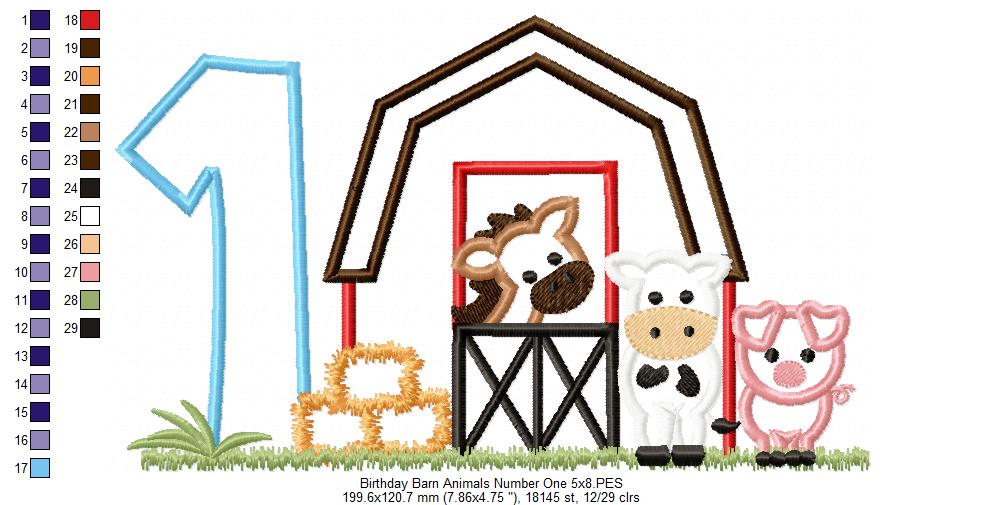 Barn 1st Birthday Farm Animals Number 1 One  - Applique - Machine Embroidery Design