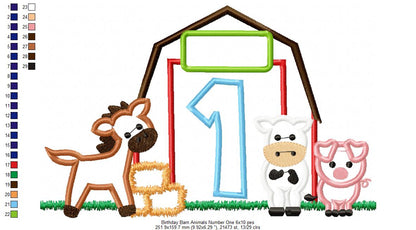 Barn 1st Birthday Farm Animals Number 1 One  - Applique