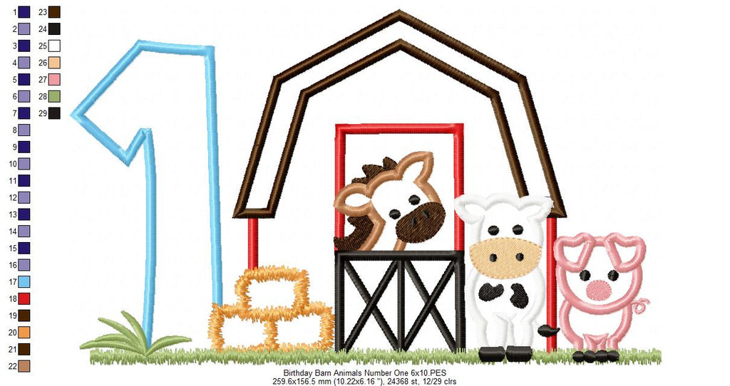 Barn 1st Birthday Farm Animals Number 1 One  - Applique - Machine Embroidery Design