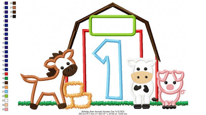 Barn 1st Birthday Farm Animals Number 1 One  - Applique