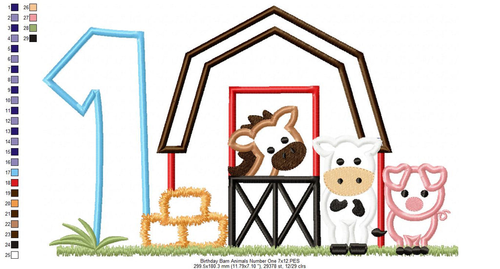 Barn 1st Birthday Farm Animals Number 1 One  - Applique - Machine Embroidery Design