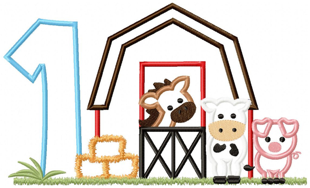 Barn 1st Birthday Farm Animals Number 1 One  - Applique - Machine Embroidery Design