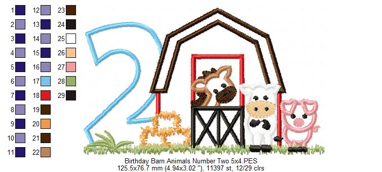 Barn 2nd Birthday Farm Animals Number 2 Two  - Applique