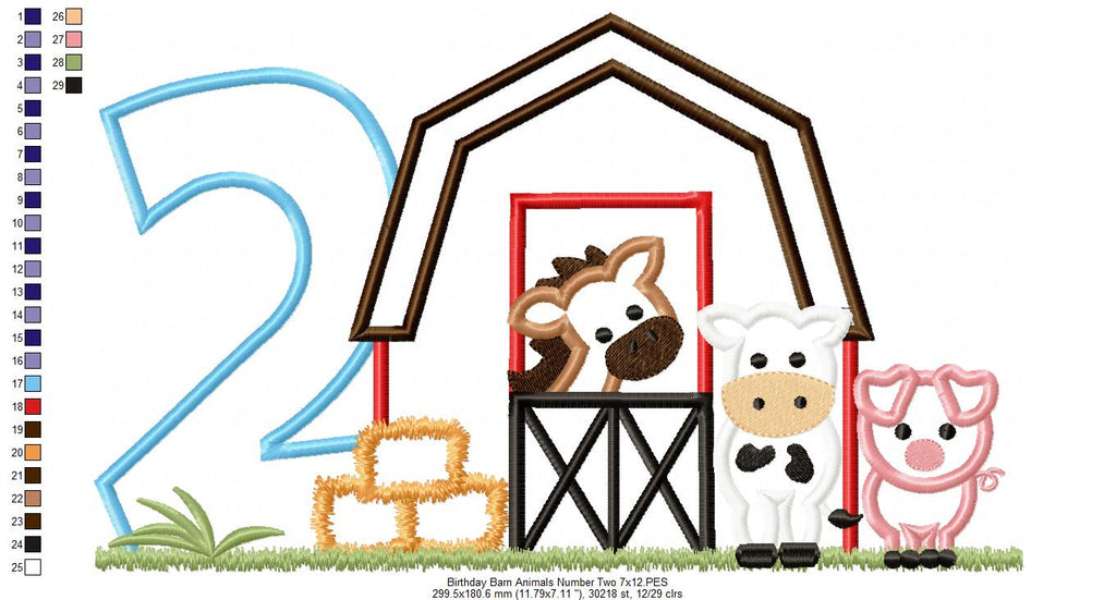 Barn 2nd Birthday Farm Animals Number 2 Two  - Applique