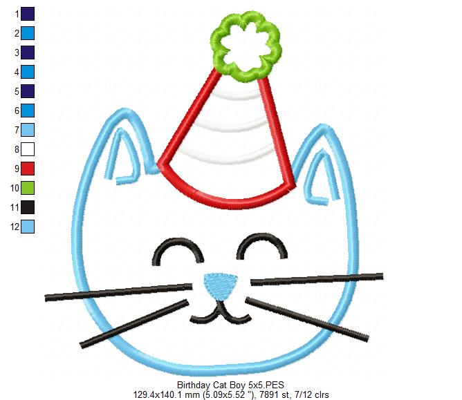 Birthday Kitty Cat Boy - Appliqué – Machine Embroidery Design