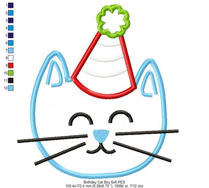Birthday Kitty Cat Boy - Appliqué – Machine Embroidery Design
