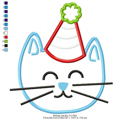 Birthday Kitty Cat Boy - Appliqué – Machine Embroidery Design