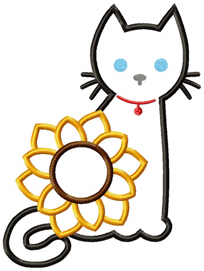 Black Cat and Sunflower - Applique - Machine Embroidery Design