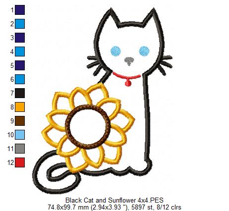 Black Cat and Sunflower - Applique - Machine Embroidery Design