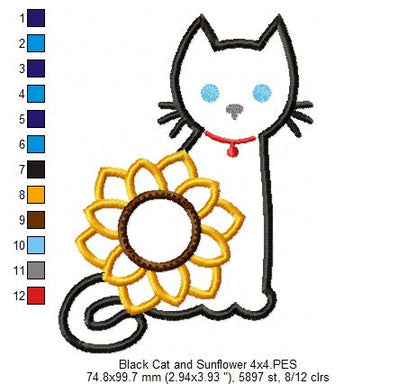 Black Cat and Sunflower - Applique - Machine Embroidery Design