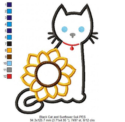 Black Cat and Sunflower - Applique - Machine Embroidery Design