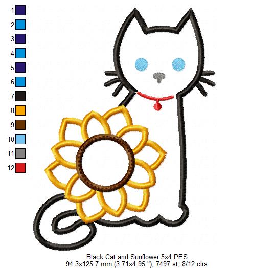 Black Cat and Sunflower - Applique - Machine Embroidery Design