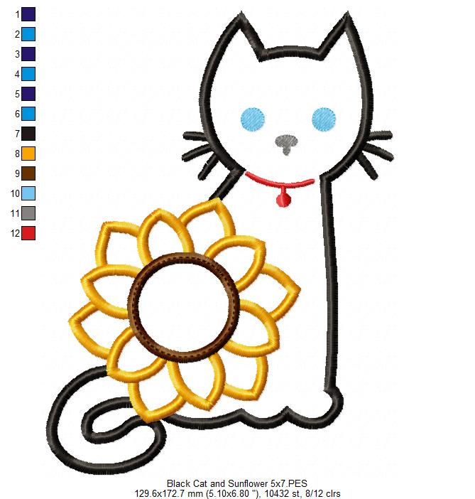 Black Cat and Sunflower - Applique - Machine Embroidery Design