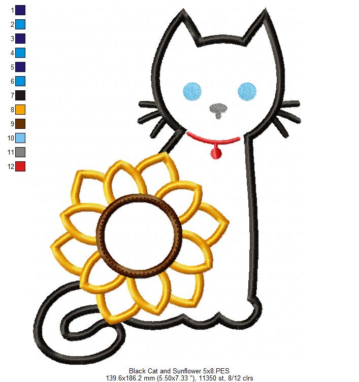Black Cat and Sunflower - Applique - Machine Embroidery Design