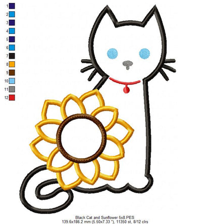 Black Cat and Sunflower - Applique - Machine Embroidery Design