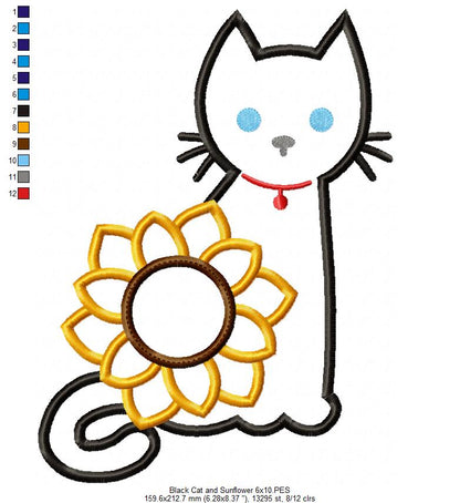 Black Cat and Sunflower - Applique - Machine Embroidery Design