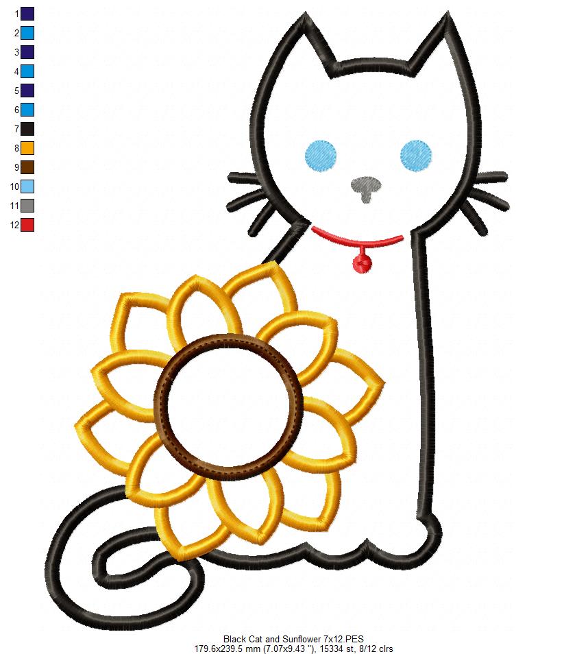 Black Cat and Sunflower - Applique - Machine Embroidery Design