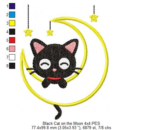 Black Cat on the Moon - Applique - Machine Embroidery Design