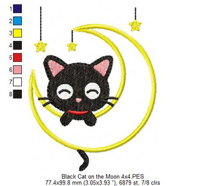Black Cat on the Moon - Applique - Machine Embroidery Design