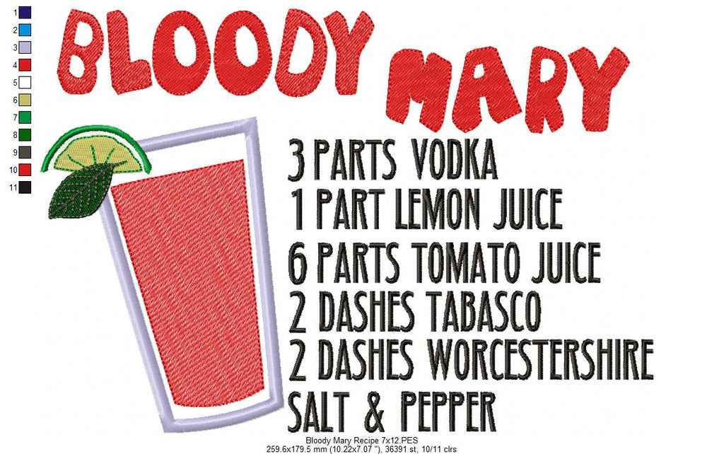 Bloody Mary Recipe - Applique Embroidery