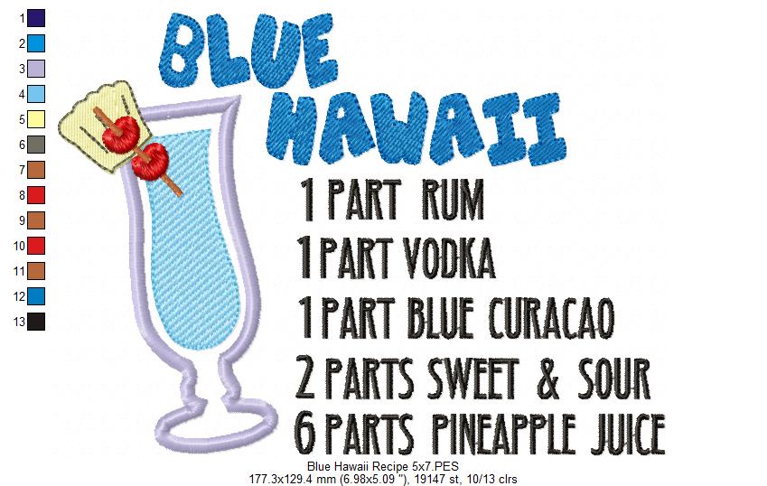 Blue Hawaii Recipe - Applique - Machine Embroidery Design