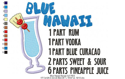 Blue Hawaii Recipe - Applique - Machine Embroidery Design