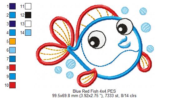 Cute Blue & Red Fish - Applique - Machine Embroidery Design