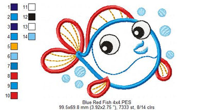 Cute Blue & Red Fish - Applique - Machine Embroidery Design